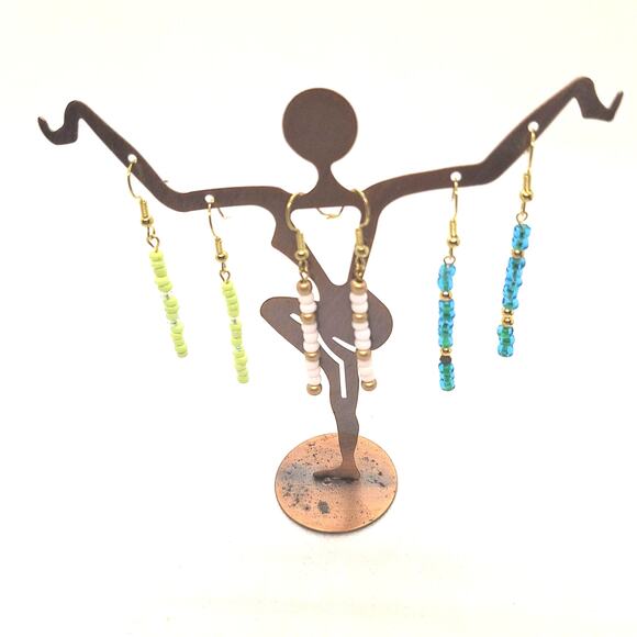 Long Dangle Seed Bead Earrings Set of  3 - Lime Green, White/Gold, Teal. - Picture 1 of 5